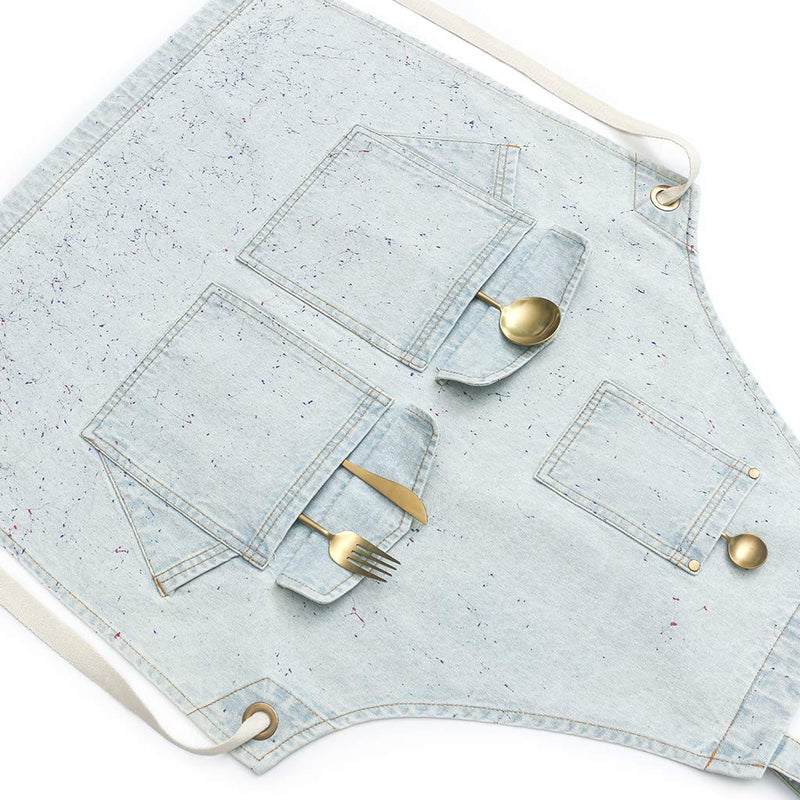 Jeanerlor - Denim Tool Shop Apron with 5 Pockets for Hairstylist with Pockets for Women Cross Straps & Adjustable S to M (Light Blue) Medium Light Blue