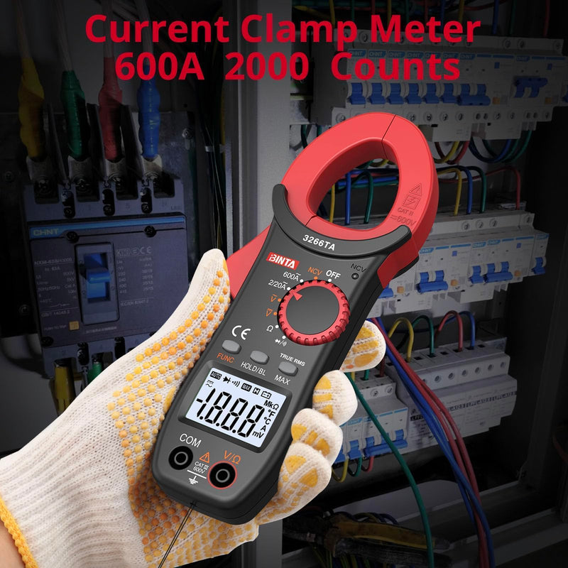 BINTA Digital Clamp Meter, 2000 Counts 600A AC Multimeter with NCV, TRMS Auto Range, 600V AC/DC Amp Voltage Tester with Ohm Measures, Capacitance Resistance Diodes, Non-Contact Voltage Detection
