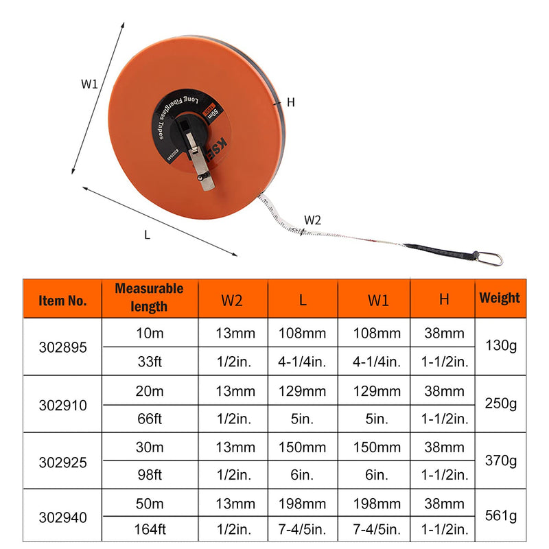 KSEIBI 302925 Long Fiberglass Tape Measure Double Face Printing Inch/Metric for Construction Work (100ft / 30m) 100ft / 30m