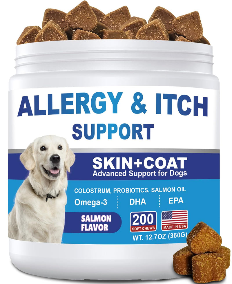 Dog Allergy Chews 200ct, Dog Allergy and Itching Skin Relief Bites Anti-Itch Skin & Coat Supplement Immune Support with Colostrum for Itchy Skin and Itchy Ears Licking Paws for Dogs Seasonal Allergies Salmon