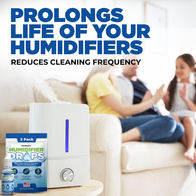 Durabasics [2 Pack] Humidifier Drops for Cleaning - Food Grade Humidifier Cleaner Slows Buildup & Scaling - Cleans & Deodorizes Water - Suitable for All Models - 200+ Day Supply - Made in USA