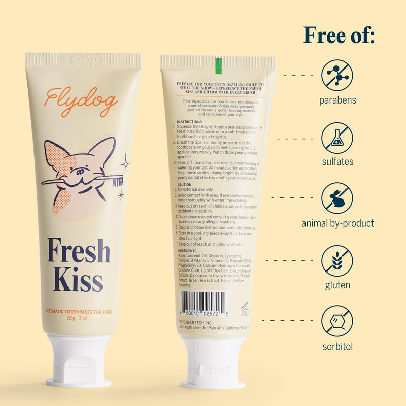FlyDog Fresh Kiss Enzymatic Dog Toothpaste Kit - Vet Approved Organic Fomula with Coconut Oil, Tartar Remover for Dogs & Cats, 2 Tubes Pack with Toothbrushing Calendar & Brush Guide, Mint Flavor Mild Mint - PawsPlanet Australia