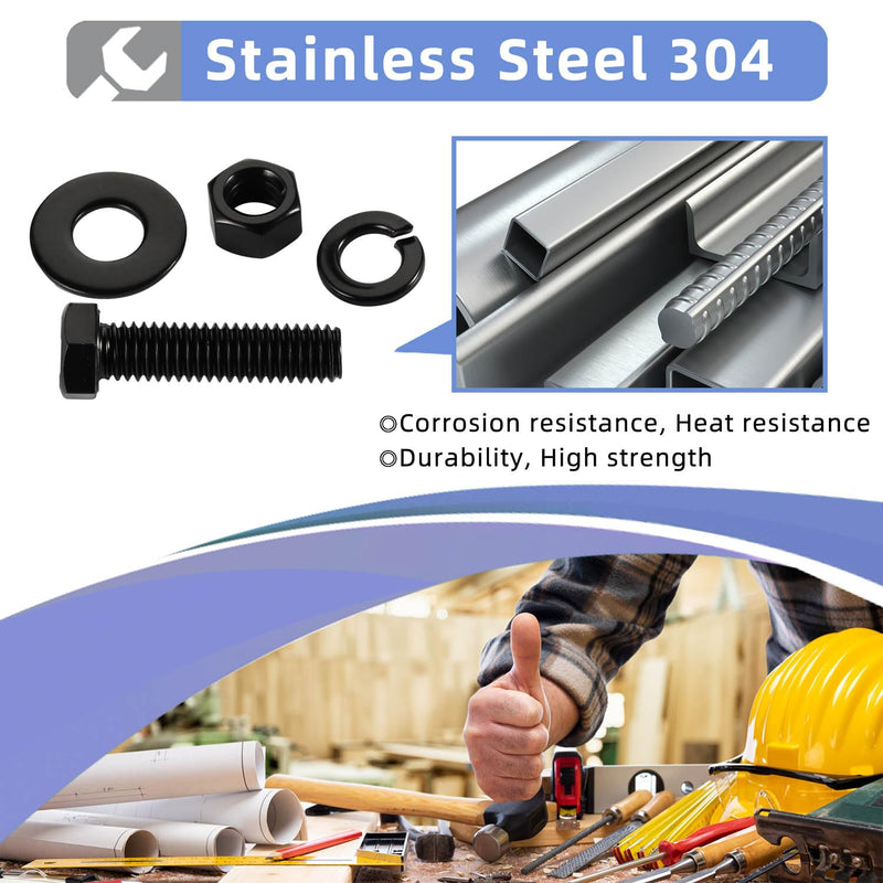 1/4-20 x 1-1/2" Hex Head Screws Bolts, Nuts, Flat & Lock Washers, Fully Threaded, Stainless Steel 18-8, Black Oxide Finish, 8 Sets 1/4-20 x 1-1/2"