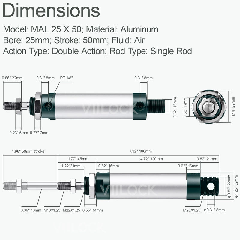 Pneumatic Air Cylinder 25mm Bore 50mm Stroke, Mini Air Cylinder Single Rod Double Action MAL 25 X 50 25mm x 50mm