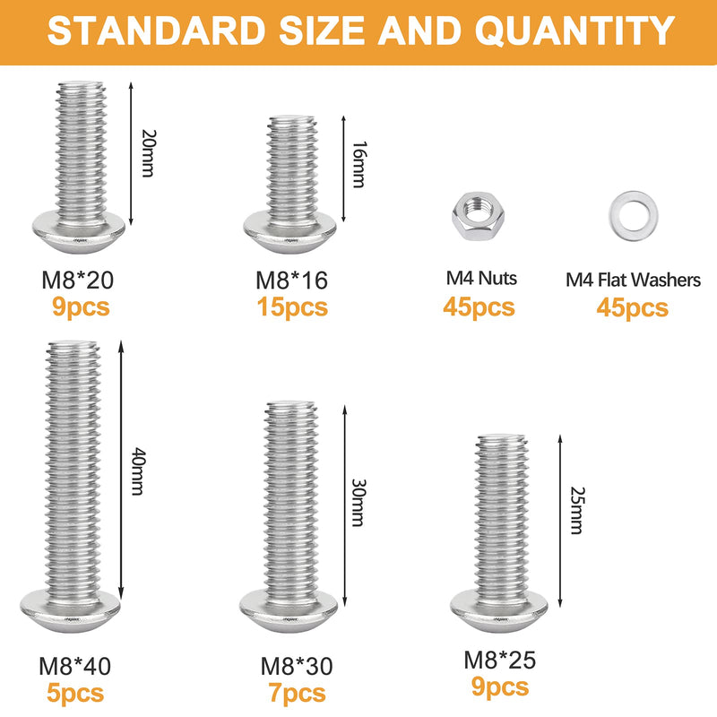 M8-1.25 x 16/20/25/30/40mm Button Head Socket Cap Screws VIGRUE 135PCS M8 Allen Hex Drive Screws Nuts Washers Assortment Kit 18-8 Stainless Steel 304, Bright Finish, Fully Threaded M8-1.25