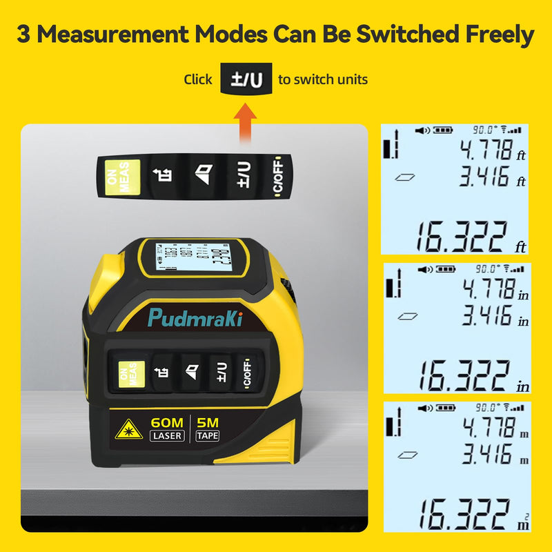 4-in-1 Laser Tape Measure 196.85Ft Laser Ranging 16.4ft Digital Tape Measure Area, Volume Measurement, Pythagorean Mode, Waterproof and Rechargeable