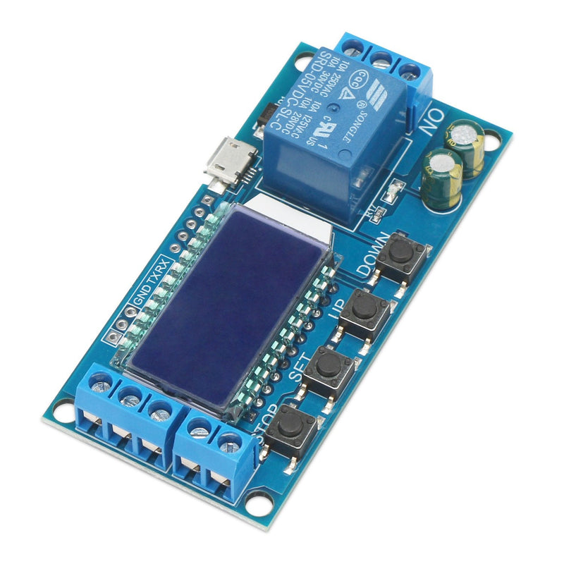 DROK Timer Relay, Time Delay Relay DC 5V 12V 24V Delay Controller Board Delay-off Cycle Timer 0.01s-9999mins Trigger Delay Switching Relay Module with LCD Display Support Micro USB 5V Power Supply 1pcs Blue