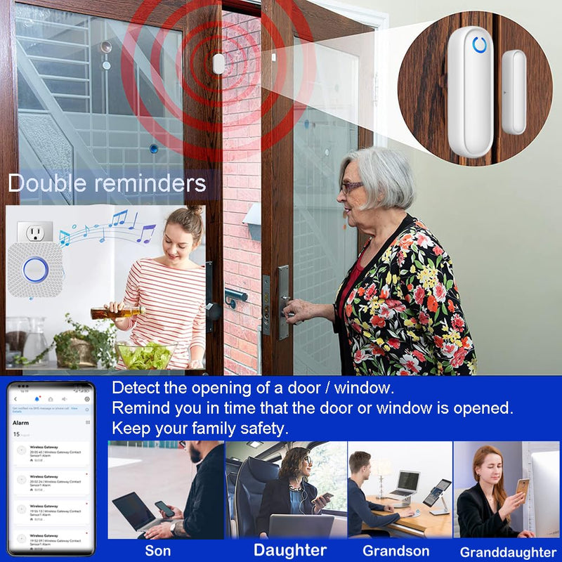 Door Chime with Phone App,WiFi Door Open Contact Sensor Alarm Chime with 600 FT Range,WiFi Door Ringer Alert for Business/Store/Home/Office When Enter (Three Sensor One Gateway)