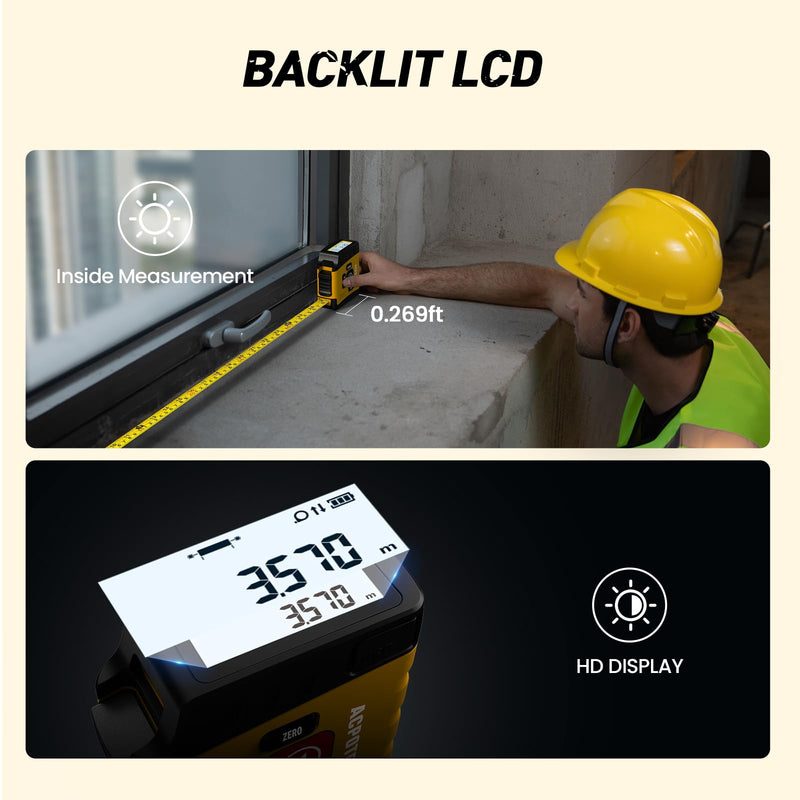 Digital Tape Measure 2-in-1, 16FT Digital Tape Measure with Display, Regular Tape Measure, Area Volume Measuring Pythagorean Mode, Waterproof and Rechargeab, 20 Groups Historical Memory (Yellow) Yellow