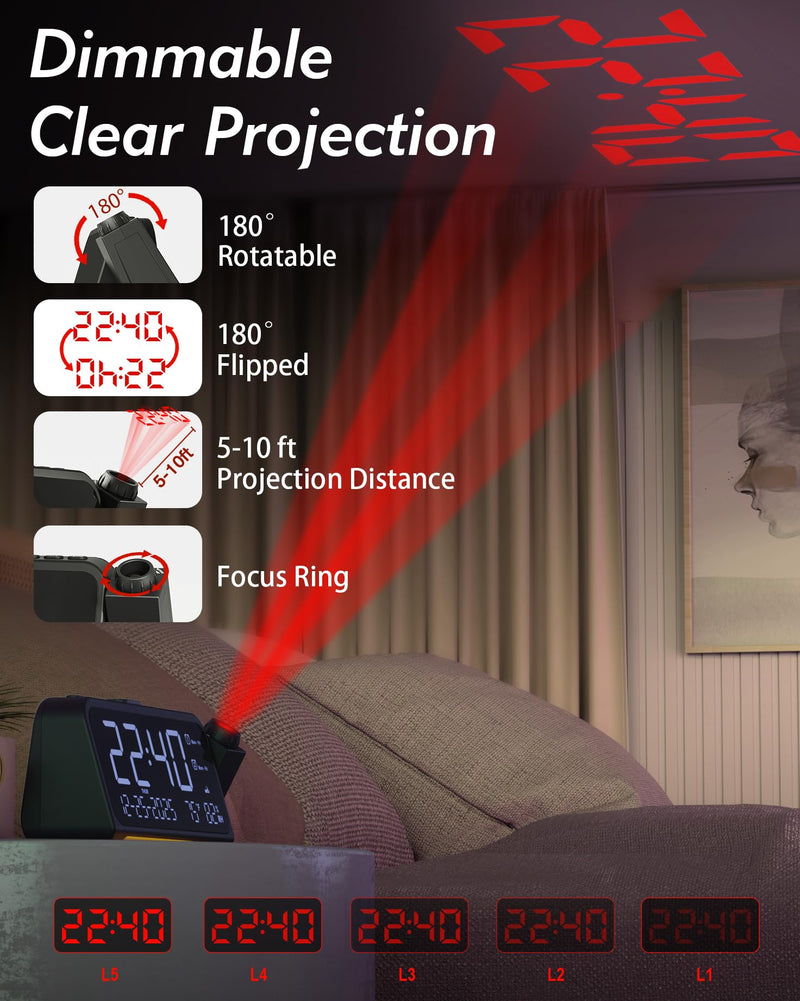 Roxicosly Projection Alarm Clock for Bedroom Ceiling, 118 dB Super Loud for Heavy Sleepers, Dual Alarm with Weekday/Weekend, Adjustable Volume, 6.7" Large Digital Dimmable Display, Easy to Read White Digit+red Projection
