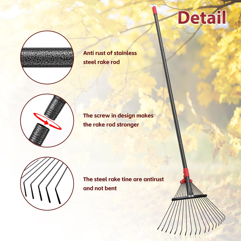 60 Inch Rake for Leaves, Adjustable 18 Metal Tines with Expandable Head Garden Rakes for Lawns Heavy Duty Metal Rake for Leaves Yard Gardening Grass Outdoor Debris 60 inch