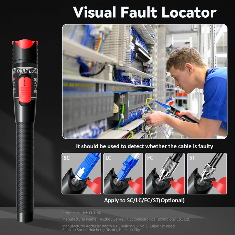 Visual Fault Locator 50KM - VFL Fiber Optic Tester Kit with FC/LC/SC/ST Compatibility - Single Mode 9/125μm for Data Centers & FTTH Network 50 VFL + FC/LC Connector