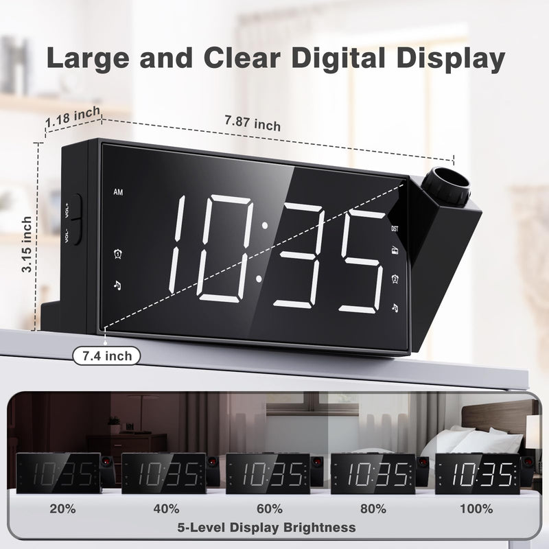 Mesqool Projection Alarm Clock with FM Radio,Large Number Display & Dimmer,USB Charger,Sleep Timer,Battery Backup,Dual Alarms,Clock Radio for Bedroom Heavy Sleepers White Digits
