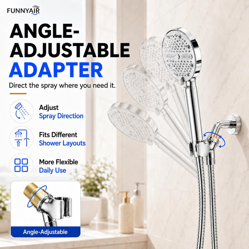 Handheld Shower Head, FunnyAir High Pressure Showerhead with 5 Spray Modes, 59 Inch Stainless Steel Hose, Dual 360° Adjustable & Adhesive Brackets, Ideal for Low Water Pressure Home, Apartment Chrome
