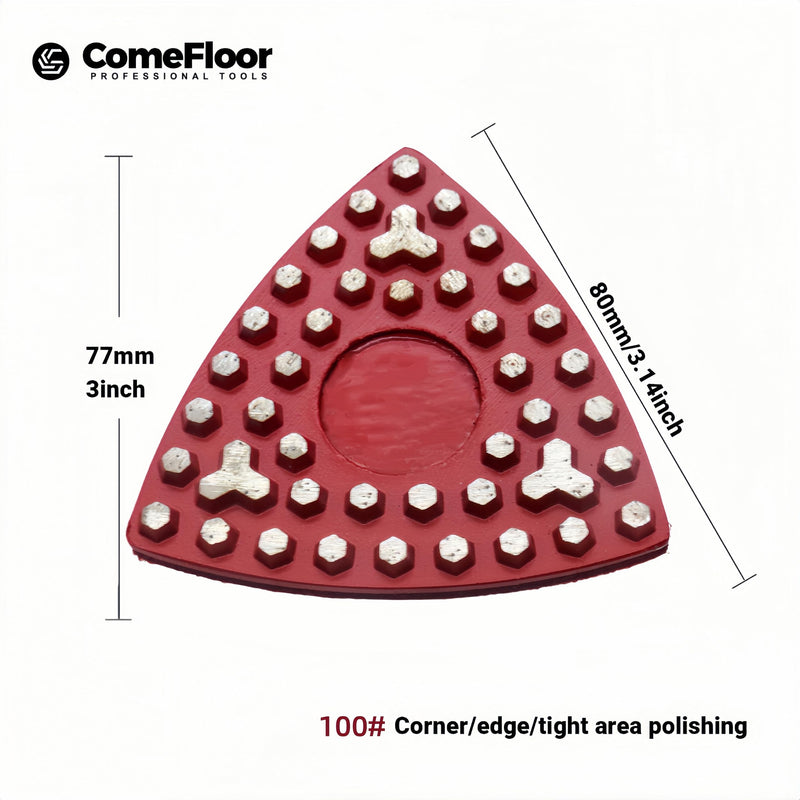 Triangular Diamond Grinding Pads for Corner Edge, 3 Inch Metal Triangle Grinding Tools with 39 Hexagon Segments and 3 Y Style Segments (100 Grit) 100 Grit