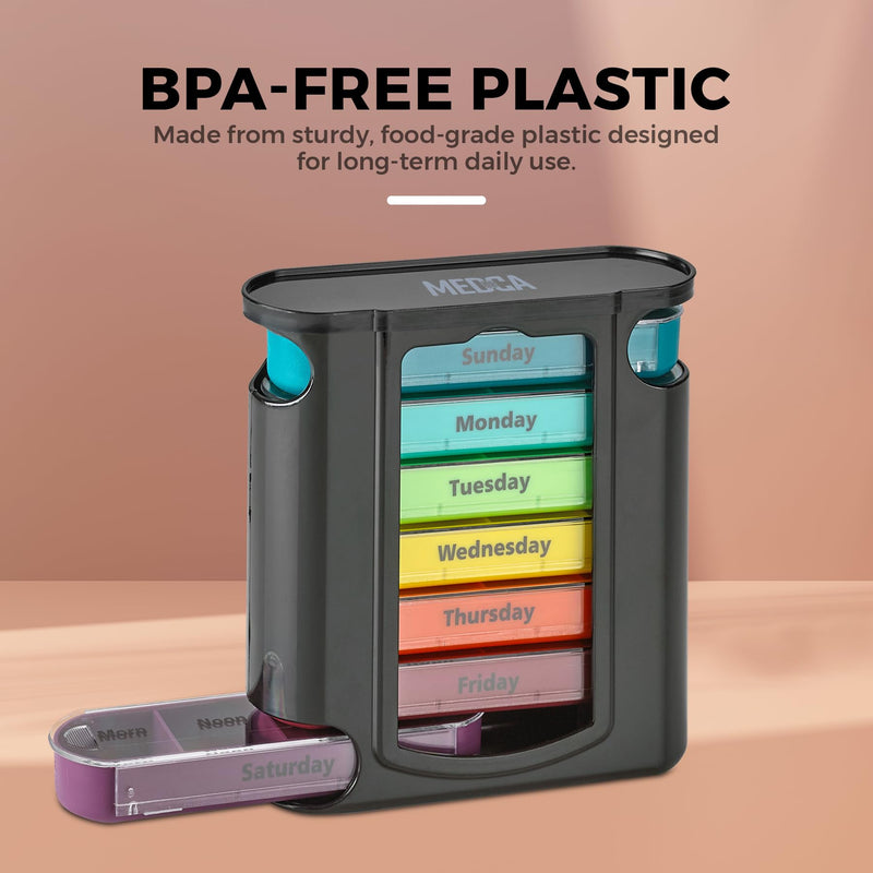 Weekly Pill Organizer, 1 Dispenser, 7 Stackable Compartments Four Times-a-Day - Morning, Noon, Evening, and Bedtime, Black 1 Count (Pack of 1)