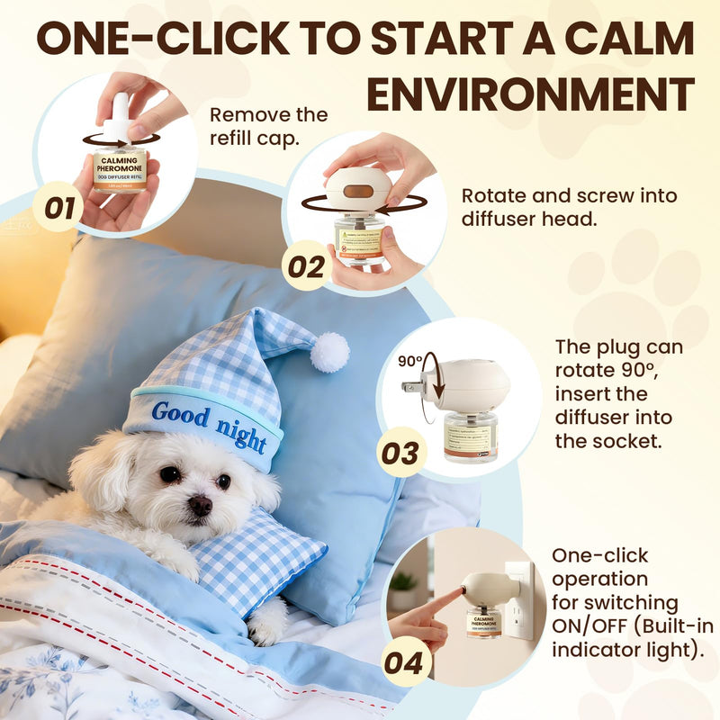 Dog Pheromones Calming Diffuser to Calm Dogs 4 IN 1 Kit (2 Diffusers+2 Refills) Pheromone Plug In for Stress Barking Pee Accidents Chewing Aggression Separation Anxiety Relief 60 Days(Odorless) Odorless