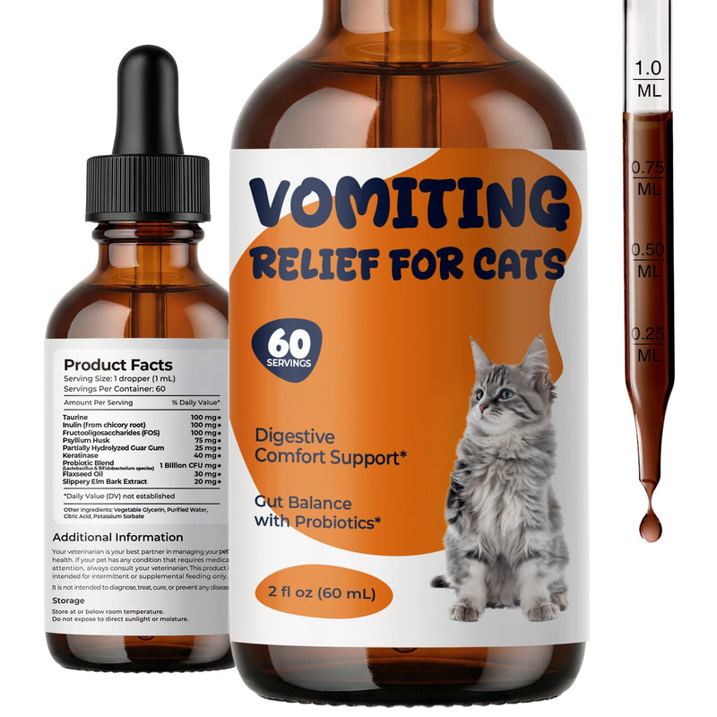 Cat Vomit Remedy & Vomiting Relief for Cats, Hairball & Digestive Support Drops, Probiotic + Fiber Blend Helps Reduce Occasional Vomiting, Supports Gut Balance & Hairball Control, 2 fl oz