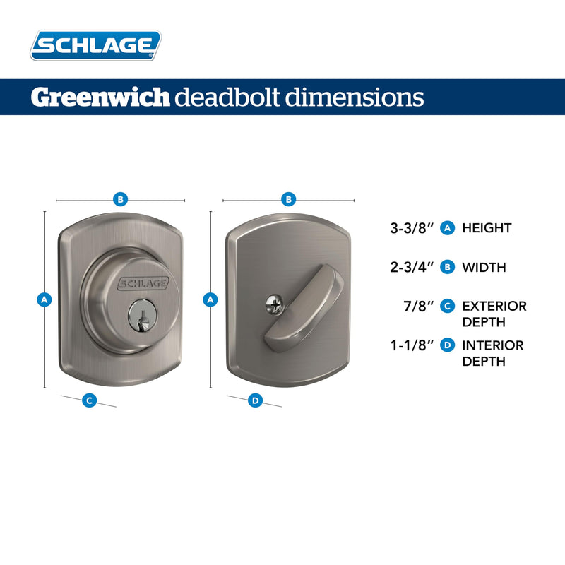 Schlage B60 N GRW 608 Deadbolt with Greenwich Trim, Keyed 1 Side, Highest Residential Security, Satin Brass