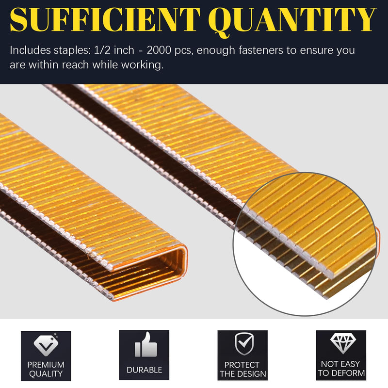 2000Pcs 18 Gauge Narrow Crown Staples, 1/2" Galvanized Finish Staples Heavy Duty Narrow Staples for Pneumatic or Electric Stapler(Gold) 1/2"