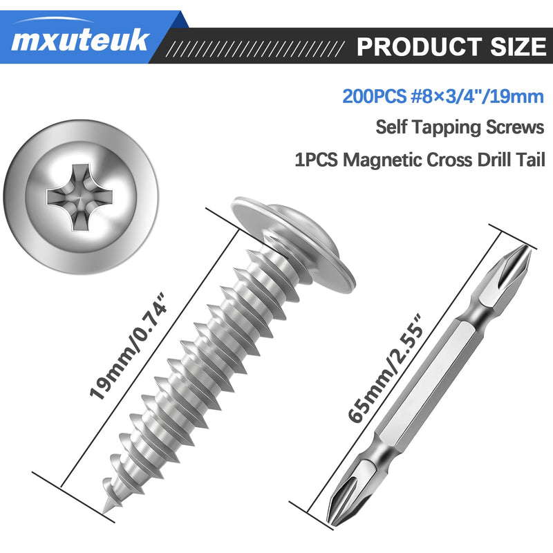 mxuteuk #8×3/4 Wood Screws,Phillips Modified Truss Head Wood Screws,Stainless Steel Wood Screws,Quick Metal Self Tapping Screws (200PCS) #8×3/4" Silver
