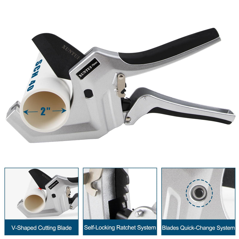 Professional PVC Pipe Cutter 2.5 inch (75mm) Capacity, Heavy Duty Silver Ratchet Tubing Cutter for 2-1/2" Schedule 40 80 PVC, PEX & ABS, One-Handed Cutting Tool for Pool & Sprinkler Repair