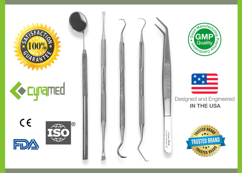CynaMed Dental Tools Oral Care Kit (5-Pack) – Stainless Steel Dental Pick, Tartar Scraper, Scaler, Tweezers, and Mouth Mirror for Personal & Pet Use Pack of 5