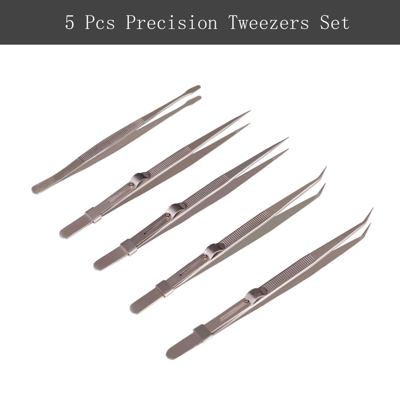 5Pcs Precision Tweezers Set, Flat/Pointed/Curved Angled Locking Long Tweezers for Crafts, Medical Surgical, Lab, Soldering, Jewelry Crafting, Watch & Electronics/Car Repair,Splinter Removal
