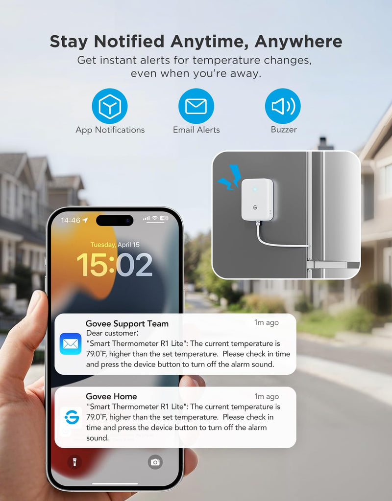GoveeLife WiFi Refrigerator Thermometer with Alarm, Wireless Digital Freezer Temperature Gauge with App, 2 Years Free Data Export, for Home Kitchen Fridge Hot Tub 2 Pack（Only Support 2.4G Wi-Fi） 1 Gateway+2 Sensor