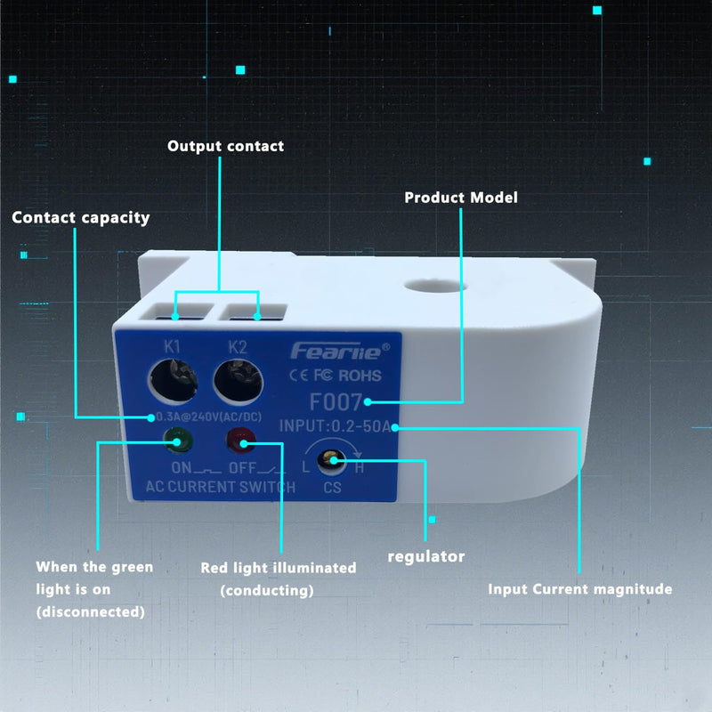 Current Sensing Switch, Normally Closed AC Sensor 0.2-50A Detectable, High Precision Monitoring Relay（F007） F007
