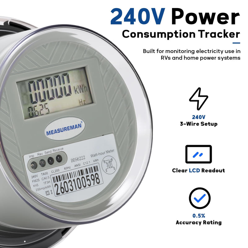 MEASUREMAN Digital Electric Meter 240V 3 Wire KWH Watt Meter for Home, RV & Small Industrial Use – High Precision Energy Usage Monitor, LCD Display, ANSI Standard, IP65 Weatherproof, Easy Installation