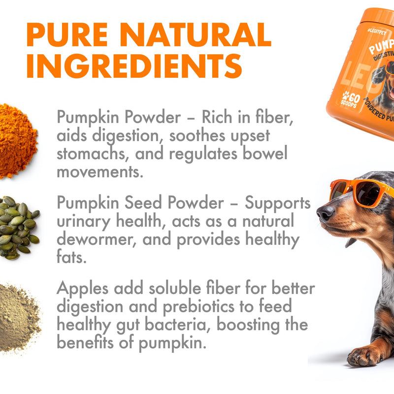 Pumpkin Powder for Dogs Digestive & Stool Support Fiber Blend with Pumpkin, Pumpkin Seed & Apple Helps Support Firm Stool, Gut Health & Regular Digestion 60 Scoops