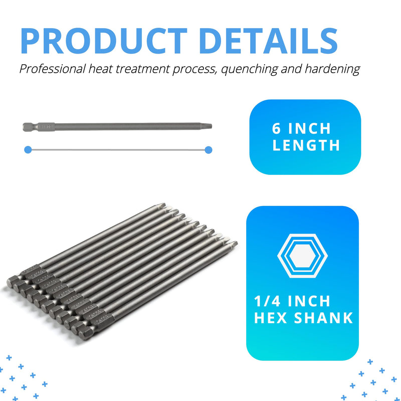 Square Head Screwdriver Bit Set 10PCS SQ2 1/4 Inch Hex Shank 6 Inch/150 mm S2 Steel with Magnetic for Power Screwdriver Drill Impact Driver 10 SQ / 6 inch