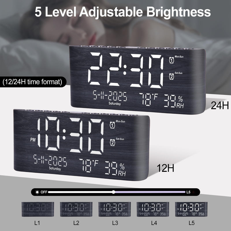 PPLEE 8.7inch Digital Alarm Clock for Bedroom-Digital Clock with Day of Week Month Year Humidity & Temperature Brightness Snooze 2 Alarm Clock & 2 USB Charger Desk Clock for Heavy Sleeper