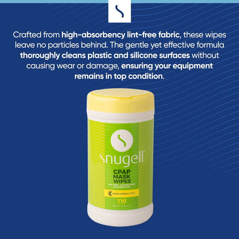 Snugell Citrus Scented CPAP Mask Wipes – 110 Count – 100% Soft Cotton, Lint-Free, Alcohol-Free – Skin-Safe Formula with Aloe Vera – Easy-Open Canister for Cleaning CPAP Masks, Tubes, and Devices 110 Count (Pack of 1)