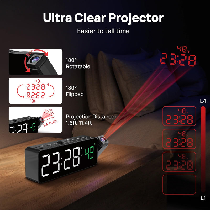 Netzu Projection Alarm Clock for Bedroom Ceiling, Small Compact Plug-in Digital Clocks with 180° Rotatable Projector, Temperature 4 Levels Birghtness, 3 Volumes and Snooze (Black) Black