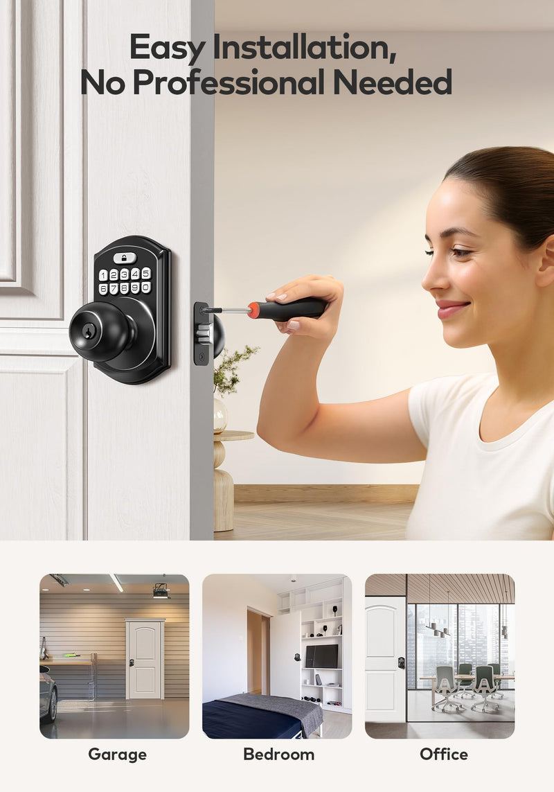 TEEHO TE003 Keyless Entry Keypad Door Lock with Handle, Electronic Digital Smart Locks for Front Door, Smart Door Knob with Code for Bedroom with Interior Locks, Auto Lock, Passage Mode, Matte Black