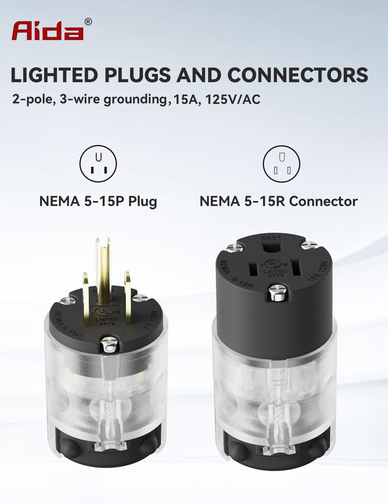 AIDA Lighted Plug and Connector Set, Straight Blade Cord End Replacement, 15 Amp 125Volt, NEMA 5-15P & NEMA 5-15R, 2 Pole 3Wire Grounding, Black, 1 Set