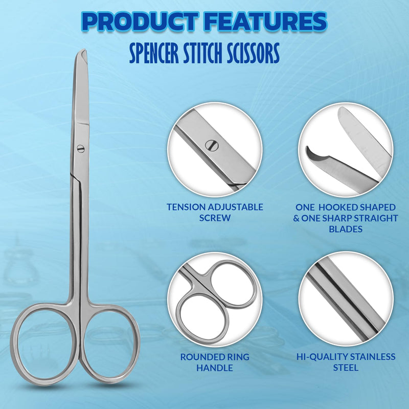 Suture Stitch Scissors – Straight Hook Stainless Steel Surgical Nursing Medical Scissors Perfect for Suture Removal, First Aid, EMS Training and More (Silver, 4.5 Inch) Silver