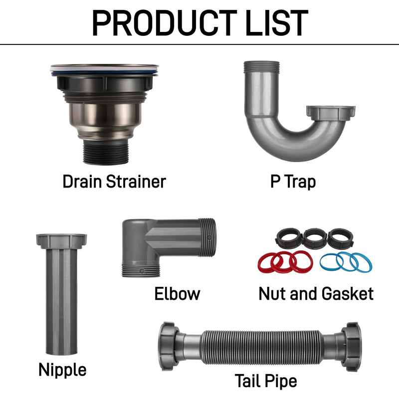 Complete Kitchen Sink Drain Kit with 3-1/2 Inch Strainer Assembly, 1-1/2" P-Trap Plumbing Pipe, Universal Flexible Drain for Wall or Floor Outlet, Includes Basket, Gaskets & Tailpiece