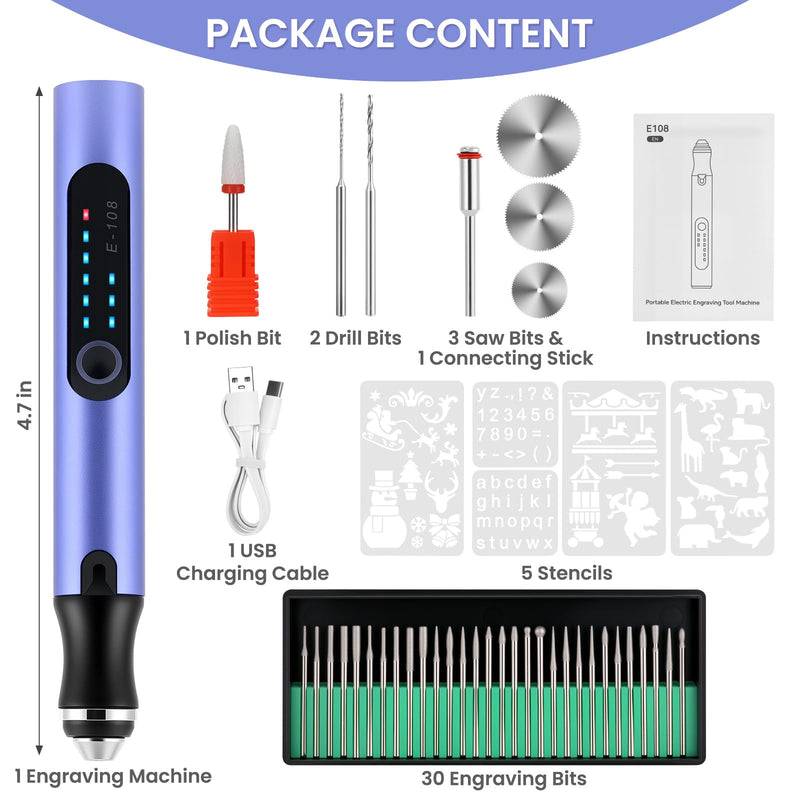Electric Engraving Pen with 37 Bits, USB Rechargeable Cordless Etching Engraving Tool, Portable DIY Rotary Engraver for Jewelry Wood Glass Stone Carving (Purple) Purple