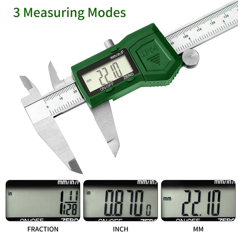 IP54 Digital Caliper, 6 inch Electronic Vernier Caliper with Stainless Steel contruction, Inch/Millimeter/Fraction Switch, Large LCD Screen