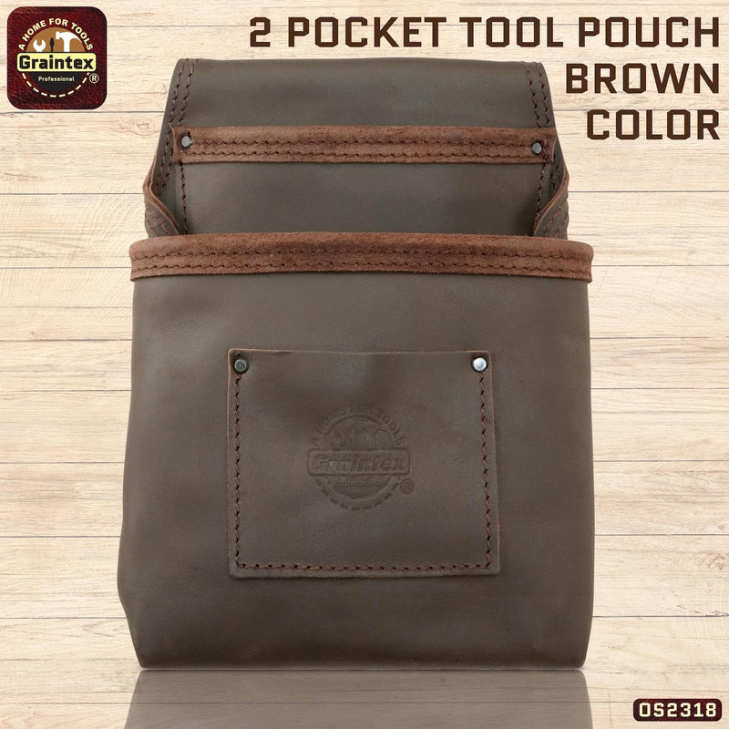 Graintex OS2318 2 Pocket Nail & Tool Pouch Top Grain Oil Tanned Leather for Framers, Constructors, Electricians, Plumbers, Handyman Brown