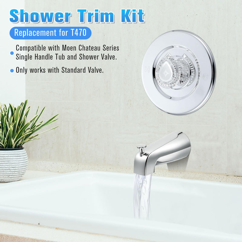 Enhon Tub and Shower Trim Kit, Shower Trim Compatible with Moen Chateau T470 Single Handle Tub/Shower Standard Valve, Escutcheon Screws Tube and Handle(Chrome, Knob) Chrome