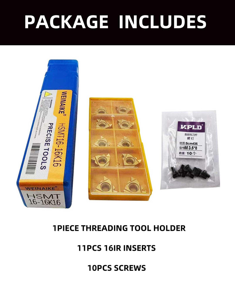 5/8 inch HSMT16-16K16 Right Hand Internal Threading Boring Bar with 11pcs 16IR AG60 Carbide Inserts + 10pcs Replacement Screws, Good Seismic Performance for Steel and Stainless Steel 5/8in holder +16IR AG60 Inserts