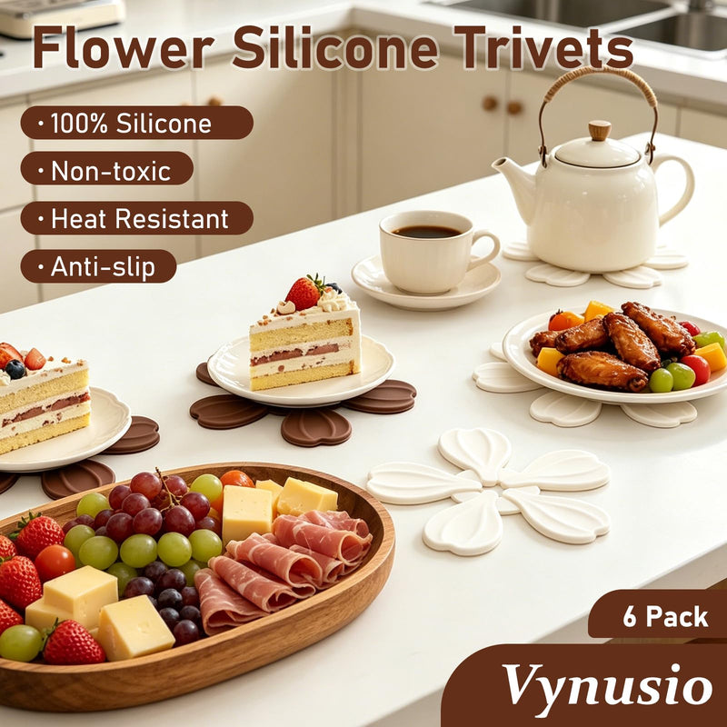 Silicone Trivets for Hot Dishes Pans Teapot Cups, Vynusio Trivet Tree Set 6 Pack Trivets +1 Stand - Collapsible Hot Pads Heat Pot Holders, Hot Pads for Table Countertops Kitchen, Latte Color Latte 6 Pack +1 Stand