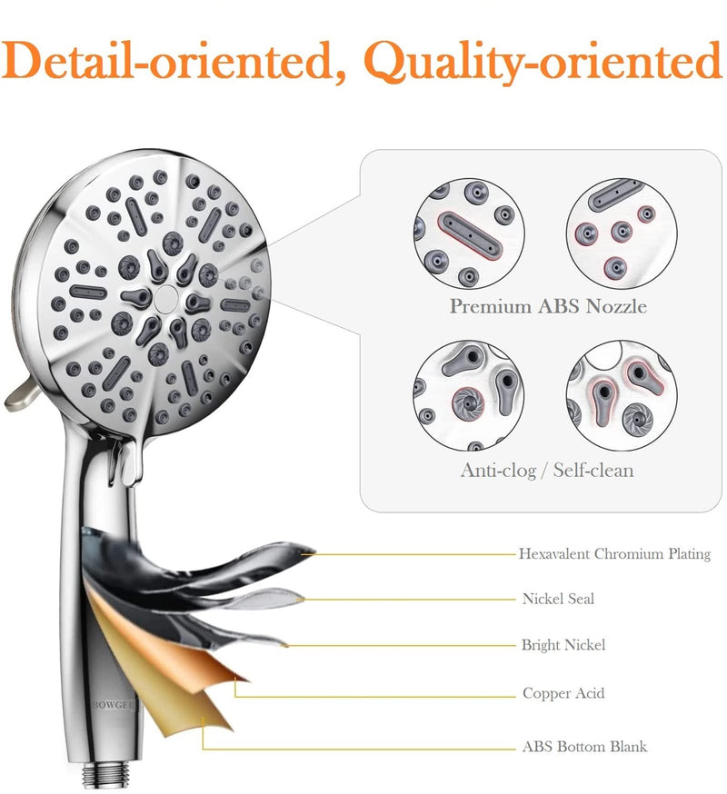Shower Head with Handheld High Pressure-Full Body Coverage Powerful Rain Showerhead Extra 60" Long Hose and Adjustable Brass Joint Holder- The Perfect Detachable Heads for Bathroom Upgrade 5 Modes Polished Chrome