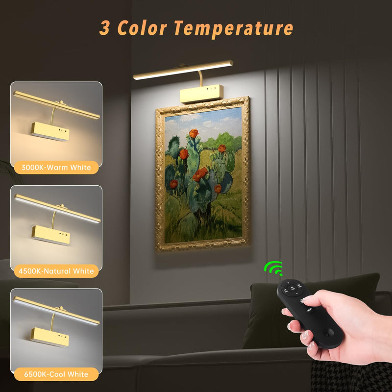 Picture Light with Remote, 15.35inch Wireless Rechargeable Battery Wall Light for Paintings, 3 Colors Paintings Light Dimmable and Timer Metal Art Light for Display, Wall, Artwork, Gallery (Gold) Gold - NewNest Australia