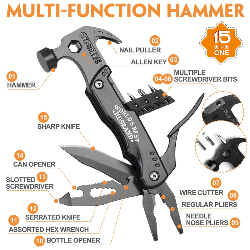 Valentines Day Him Gifts for Husband- Fathers Day Husband Gifts for Him, Husband Birthday Gift - Husband Gifts from Wife, Anniversary Christmas Ideal Gifts for Men Him - 15 in 1 Multitool Hammer WORLD'S BEST HUSBAND