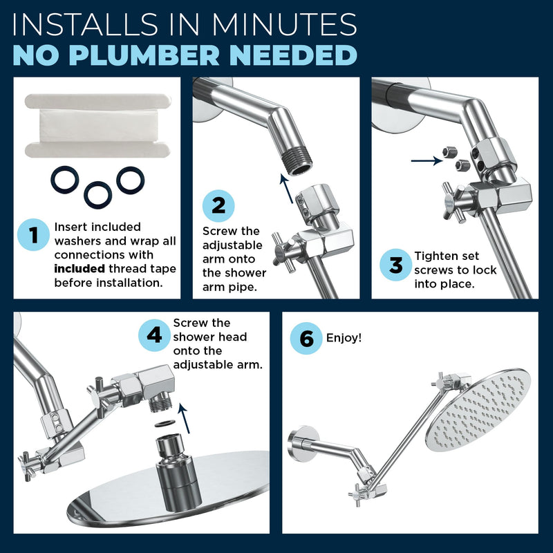 HammerHead Showers® ALL METAL 12 Inch Shower Head Extension Arm - Adjustable Shower Arm Extension Raises Showerhead Height - Shower Extender Arm Supports up to 10lbs — Chrome 12 Inches Polished Chrome